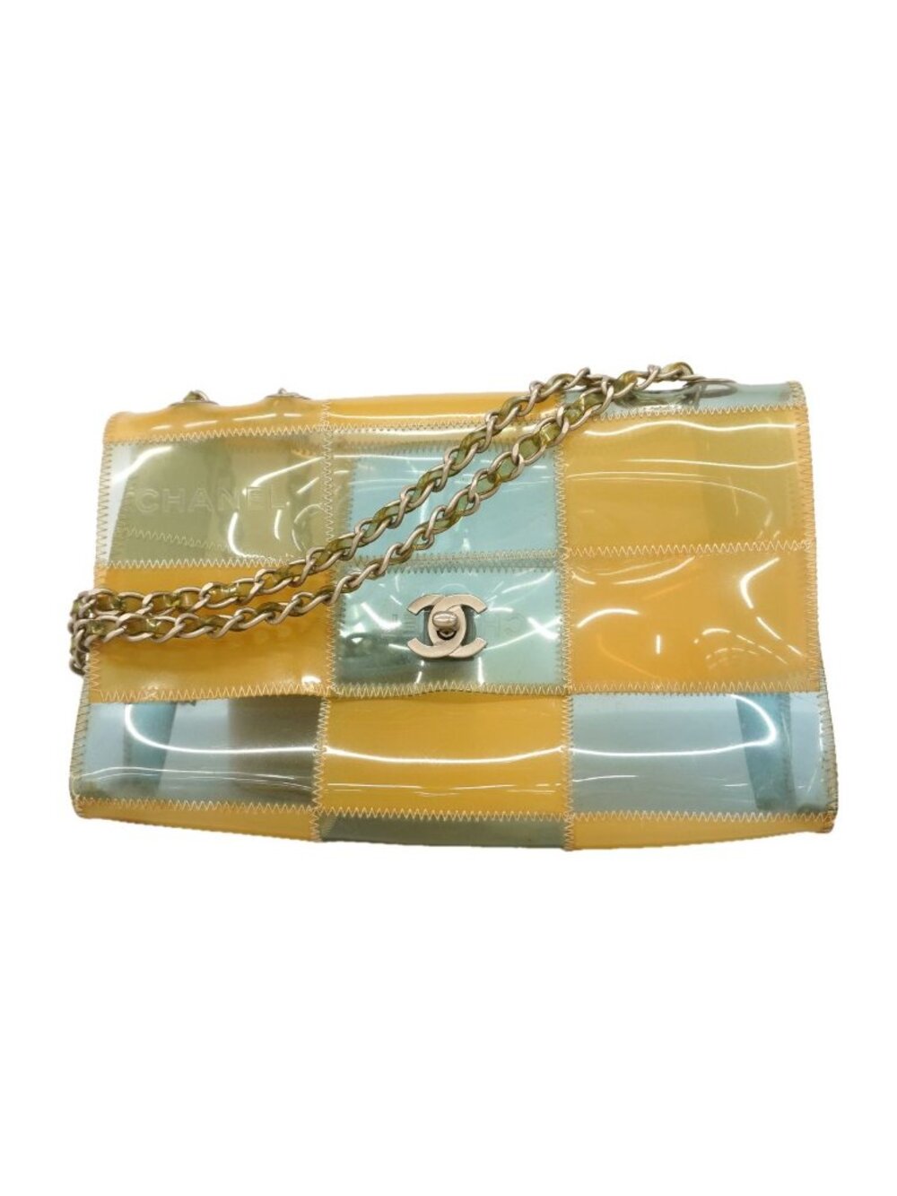 Chanel Shoulder Bag Choco Bar Vinyl Beige Clear Blue Silver